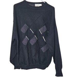 Vintage St. Croix Knits Black Sweater‎ M Geometric Design Ultra Suede Accents